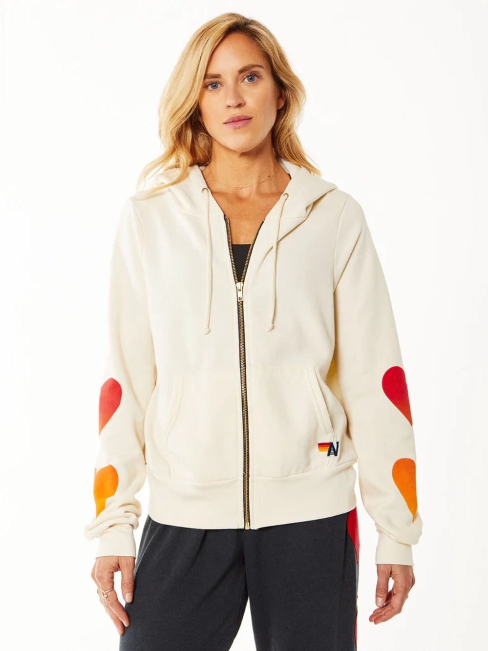 Aviator Nation Cream Zip Hoodie with Red & Orange Heart